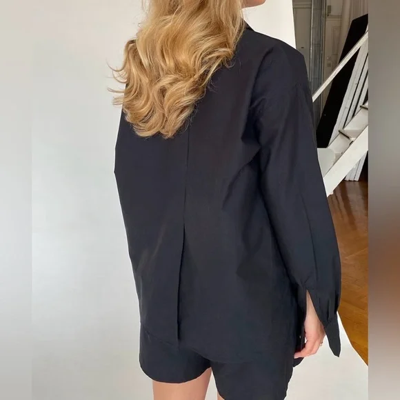 Djerf Avenue Breezy Shirt Organic Cotton Long Sleeve Button Down Black Size L - Picture 2 of 10